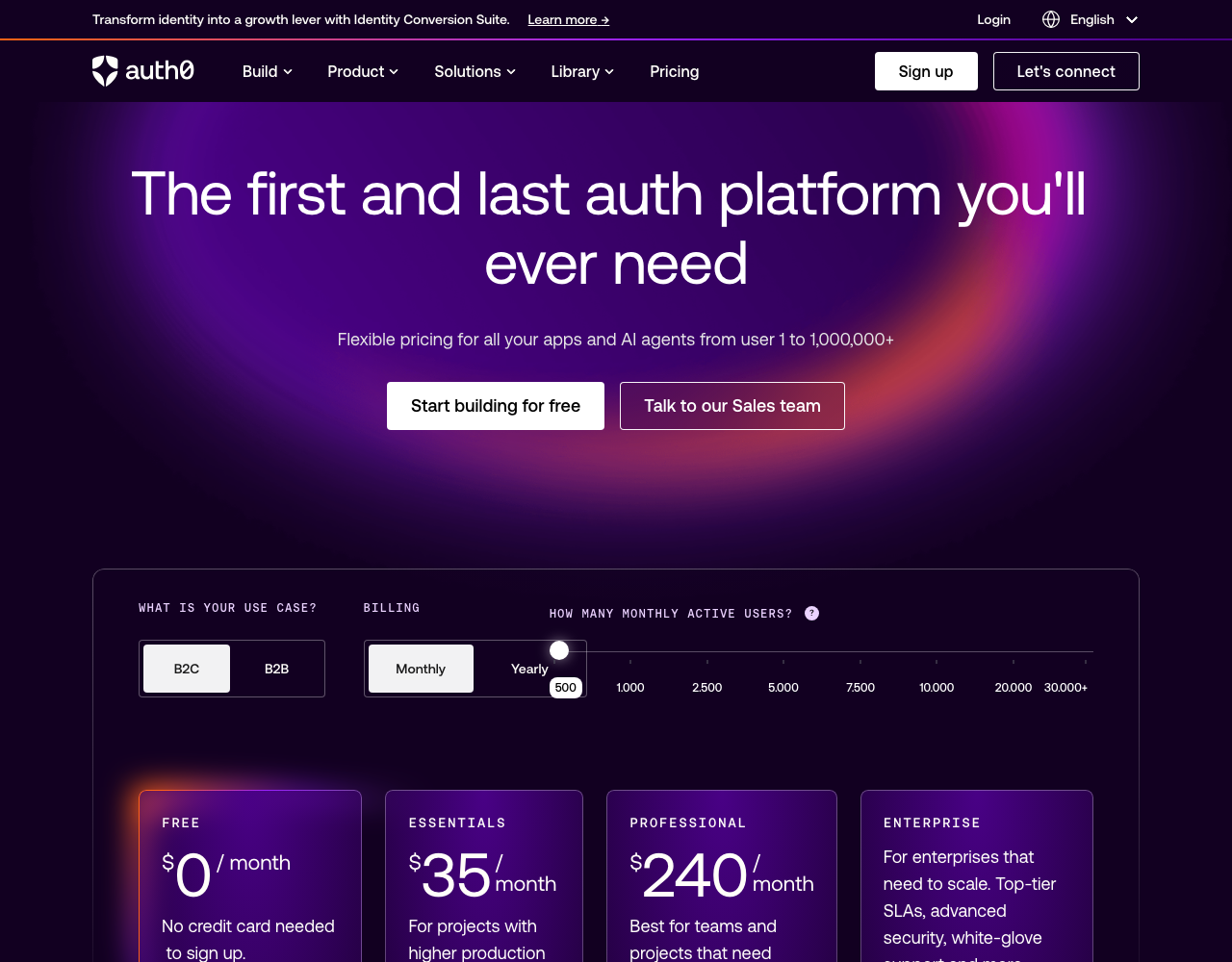 Auth0 pricing page, captured for reference