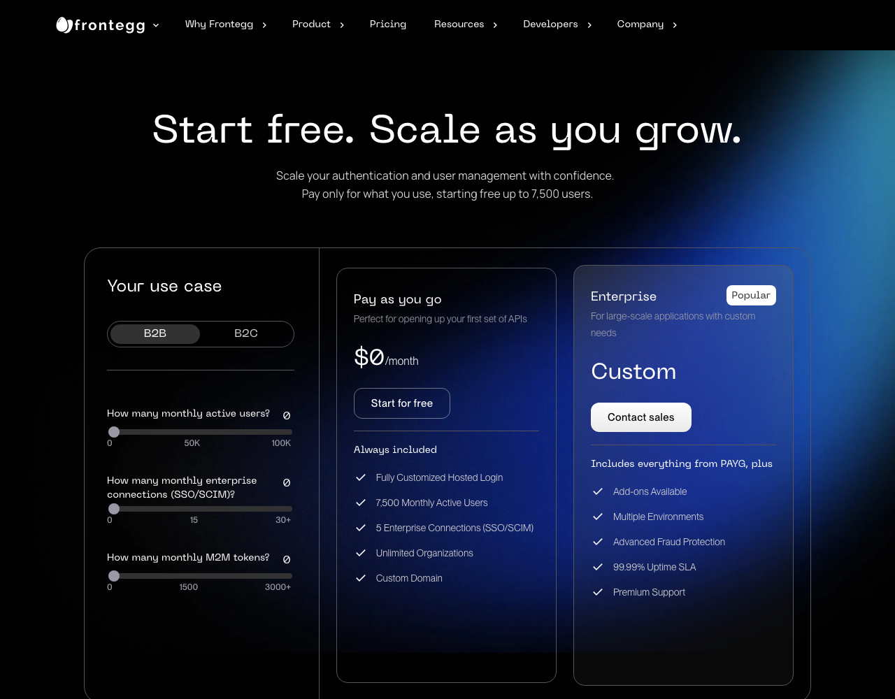 Frontegg pricing page, captured for reference