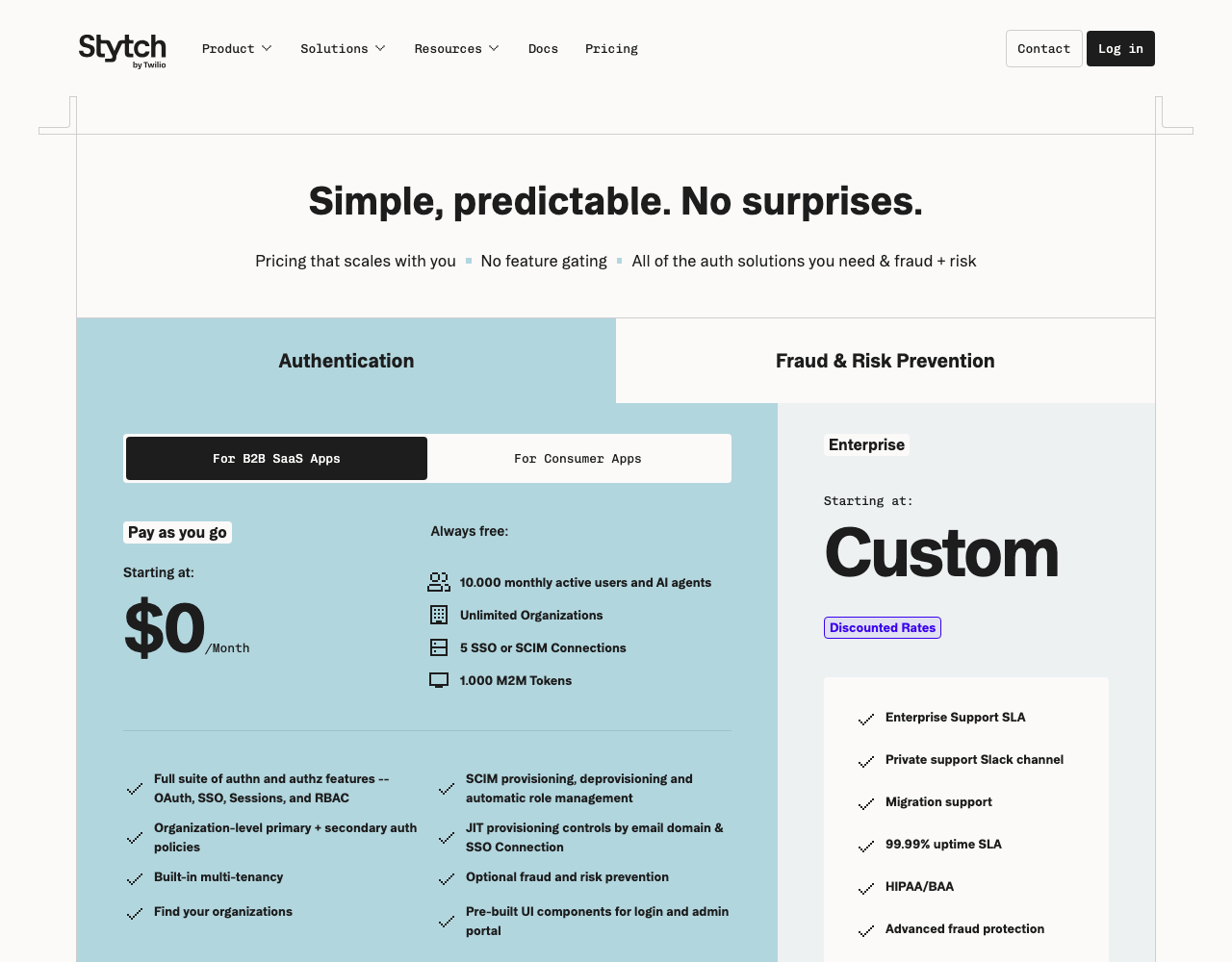 Stytch pricing page, captured for reference