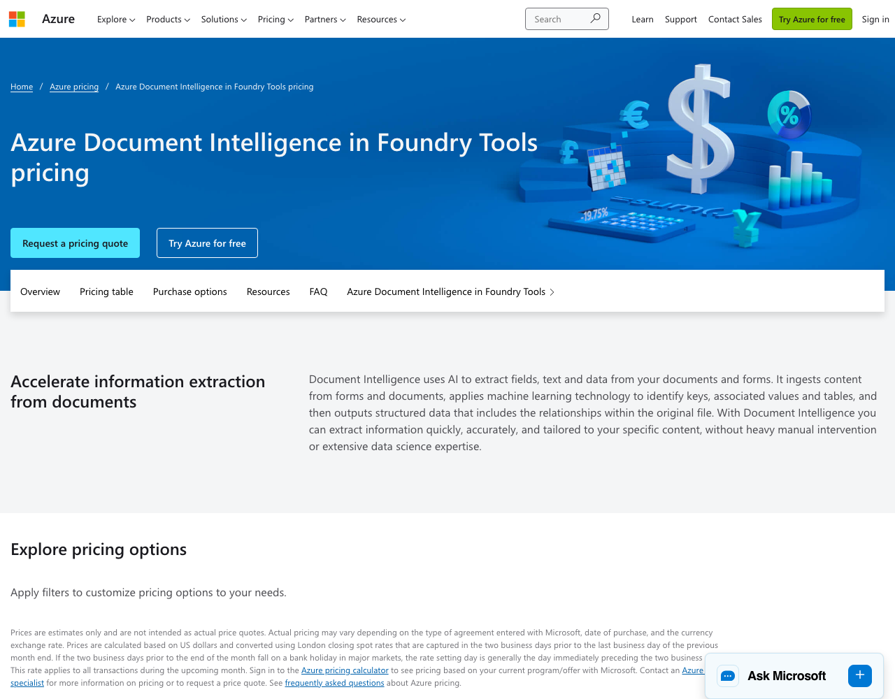 Azure AI Document Intelligence pricing page, captured for reference