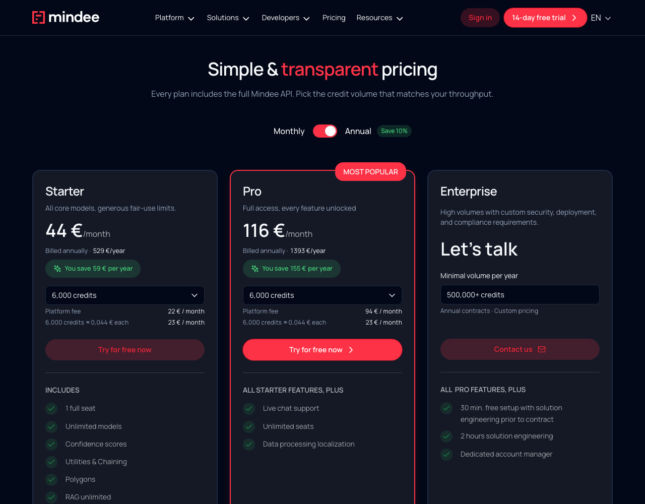 Mindee pricing page, captured for reference