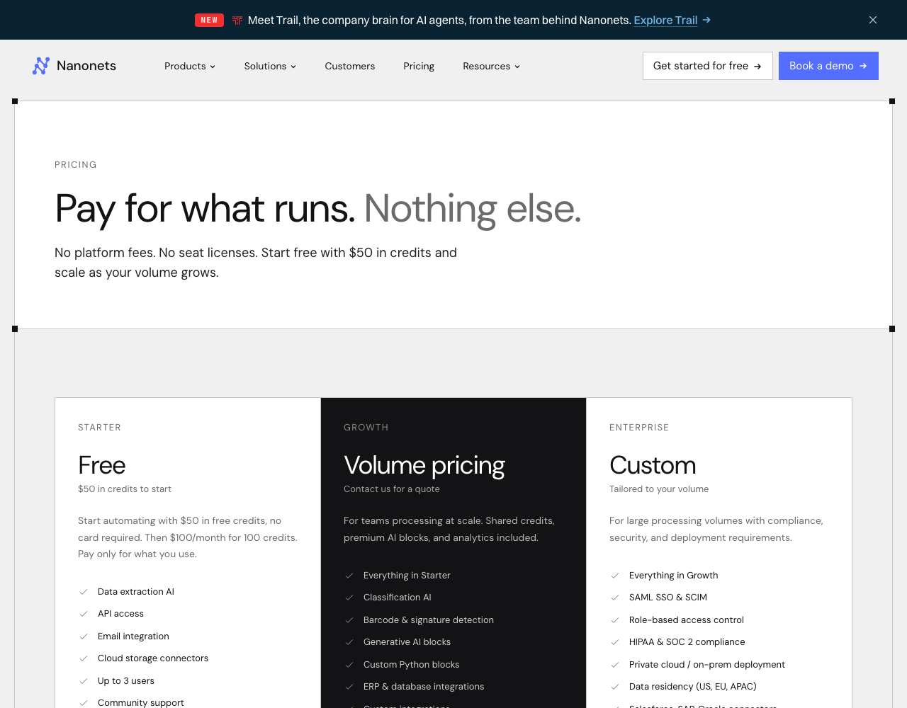 Nanonets pricing page, captured for reference