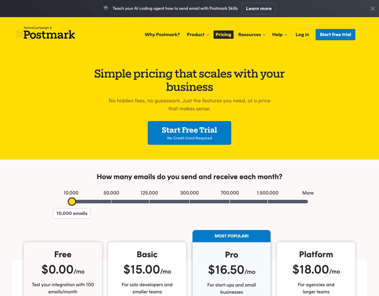 Postmark pricing page, captured for reference
