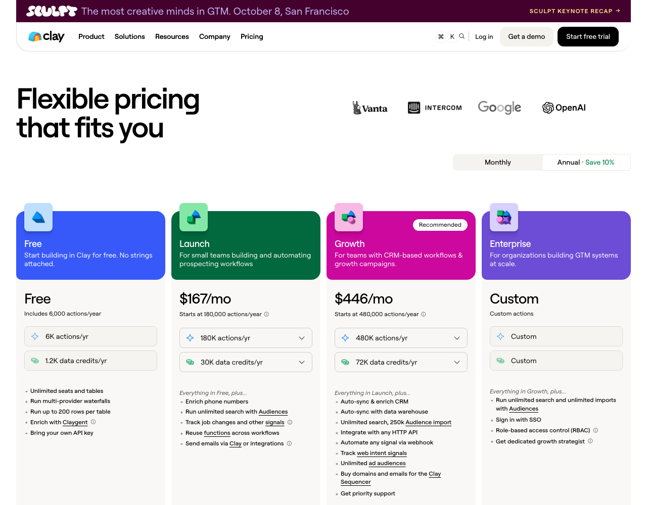 Clay pricing page, captured for reference