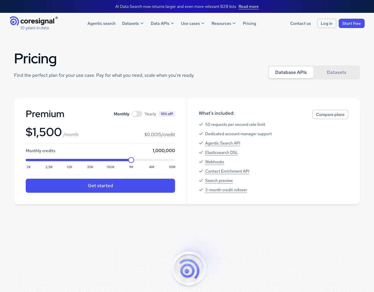 Coresignal pricing page, captured for reference