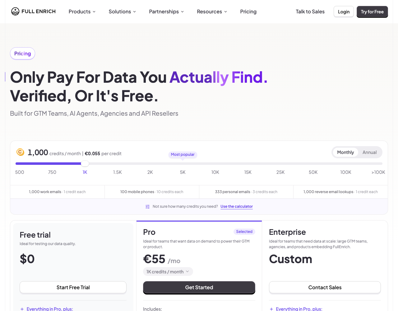 FullEnrich pricing page, captured for reference