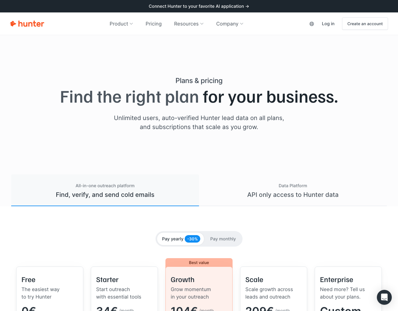 Hunter pricing page, captured for reference