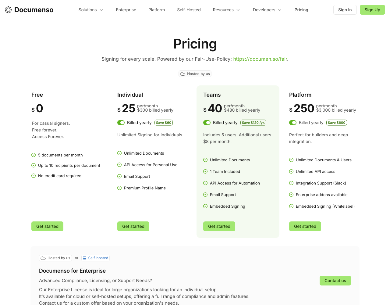 Documenso pricing page, captured for reference