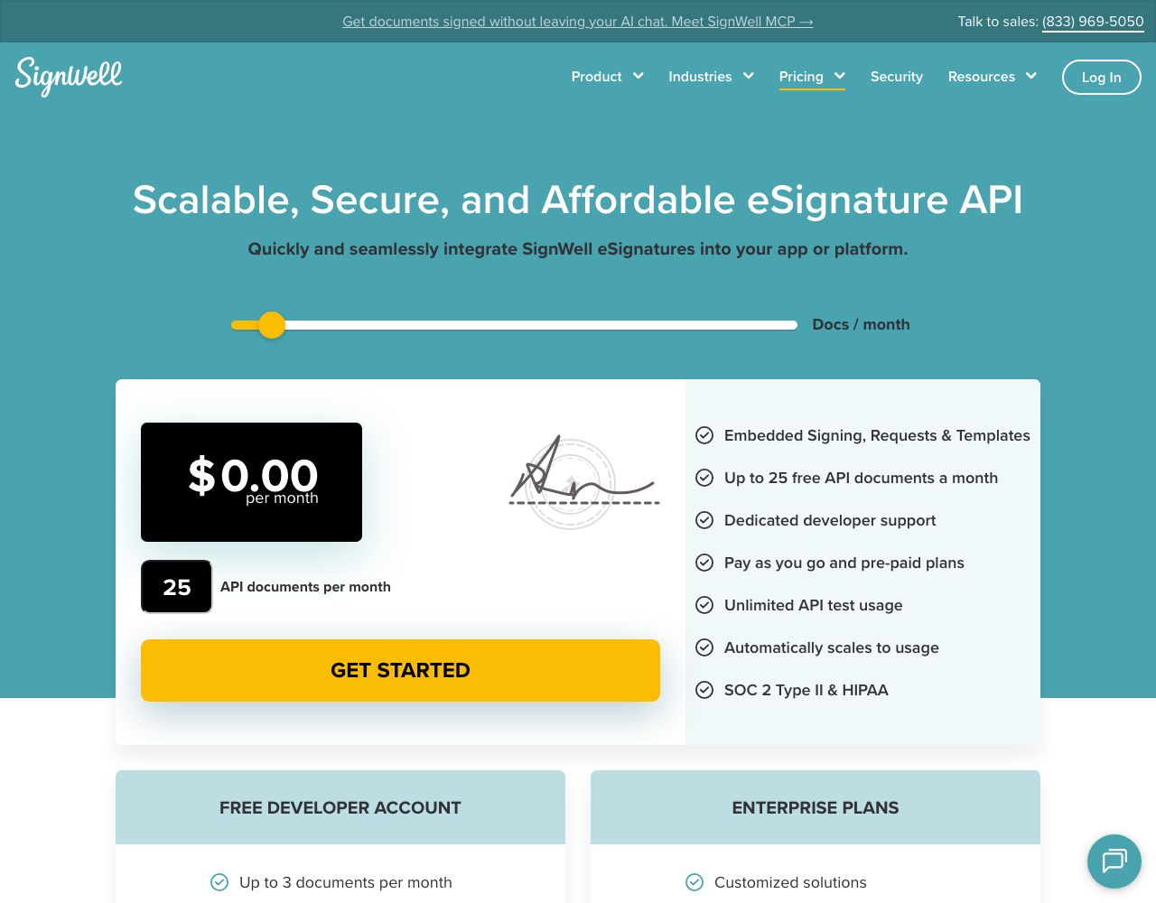 SignWell API pricing page, captured for reference