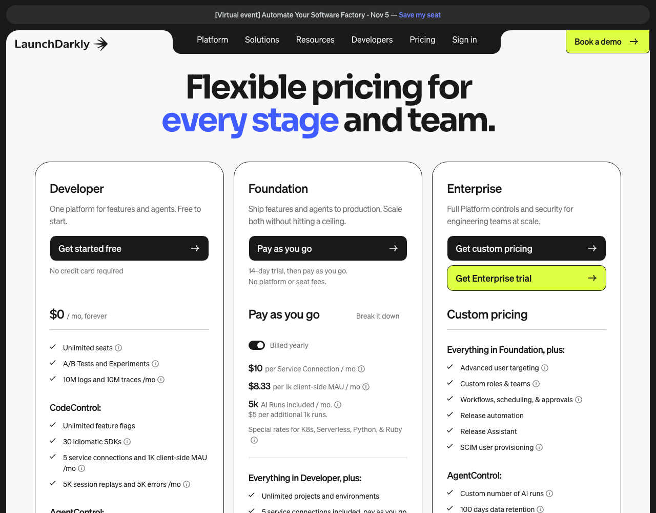 LaunchDarkly pricing page, captured for reference