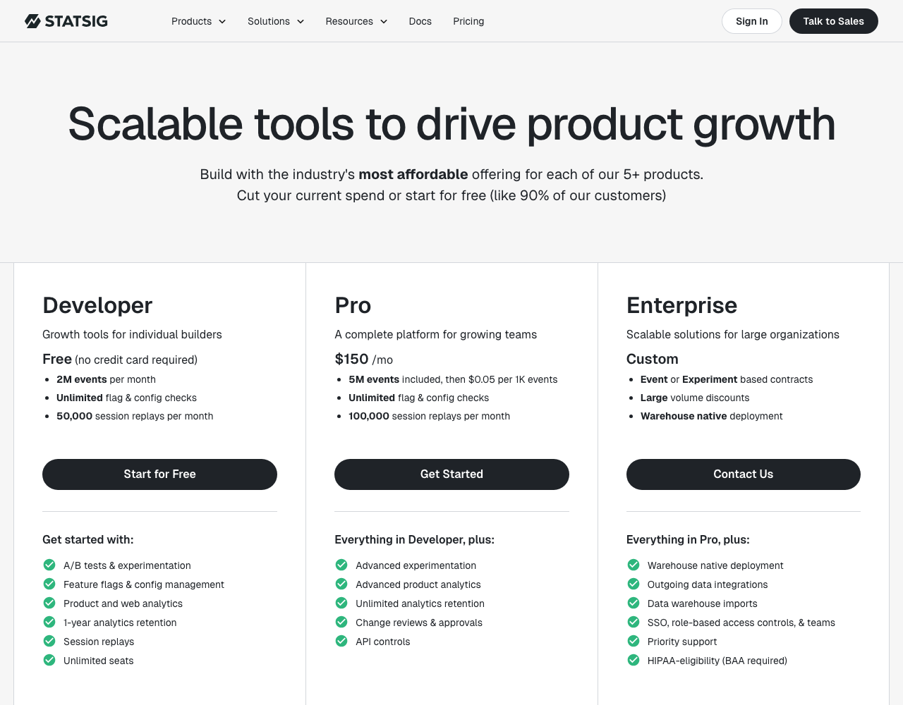 Statsig pricing page, captured for reference