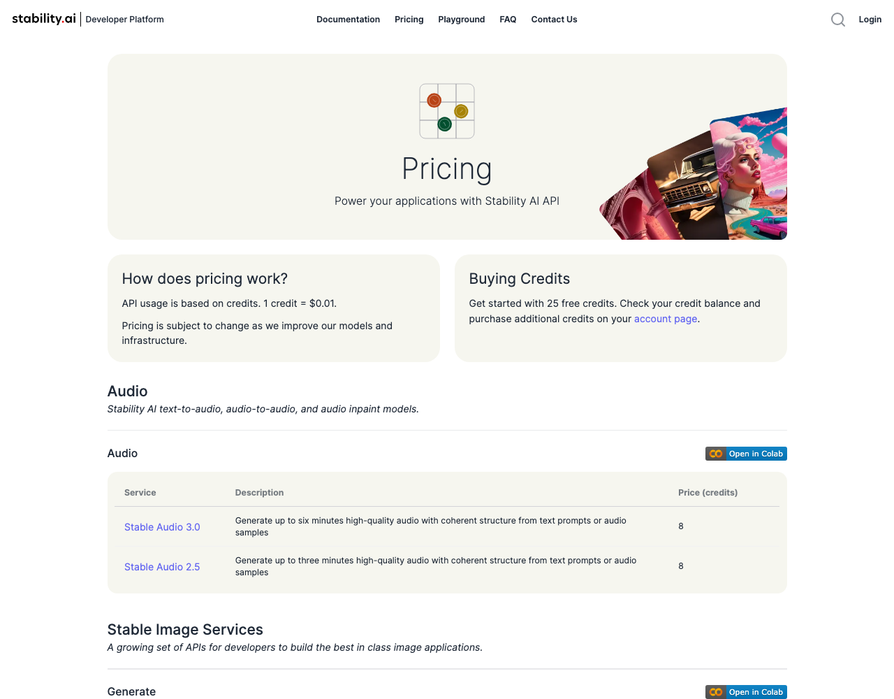 Stability AI pricing page, captured for reference