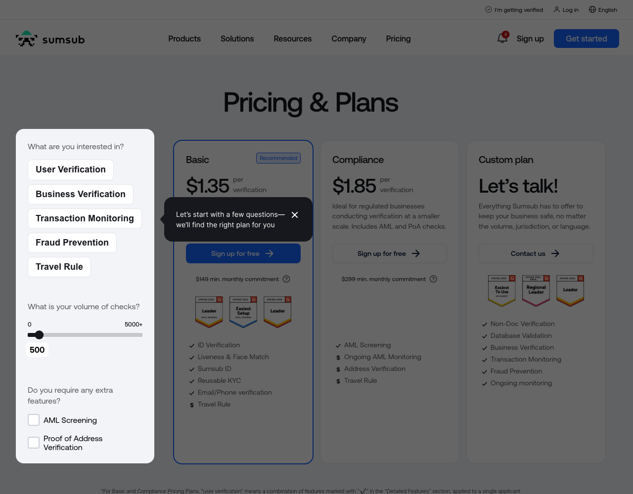 Sumsub pricing page, captured for reference