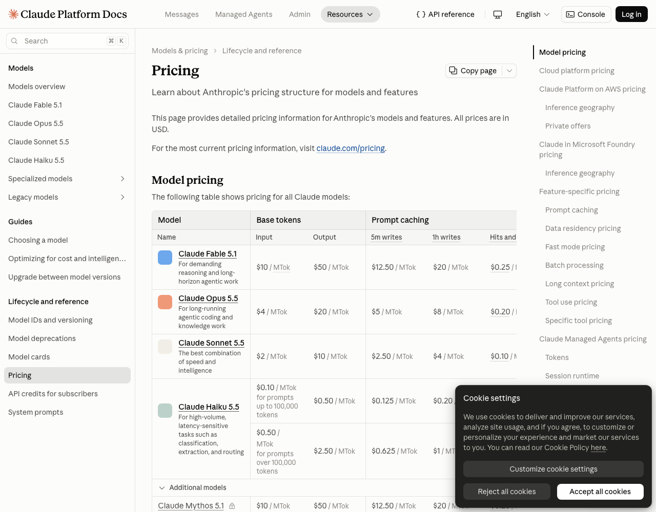 Anthropic Claude API pricing page, captured for reference