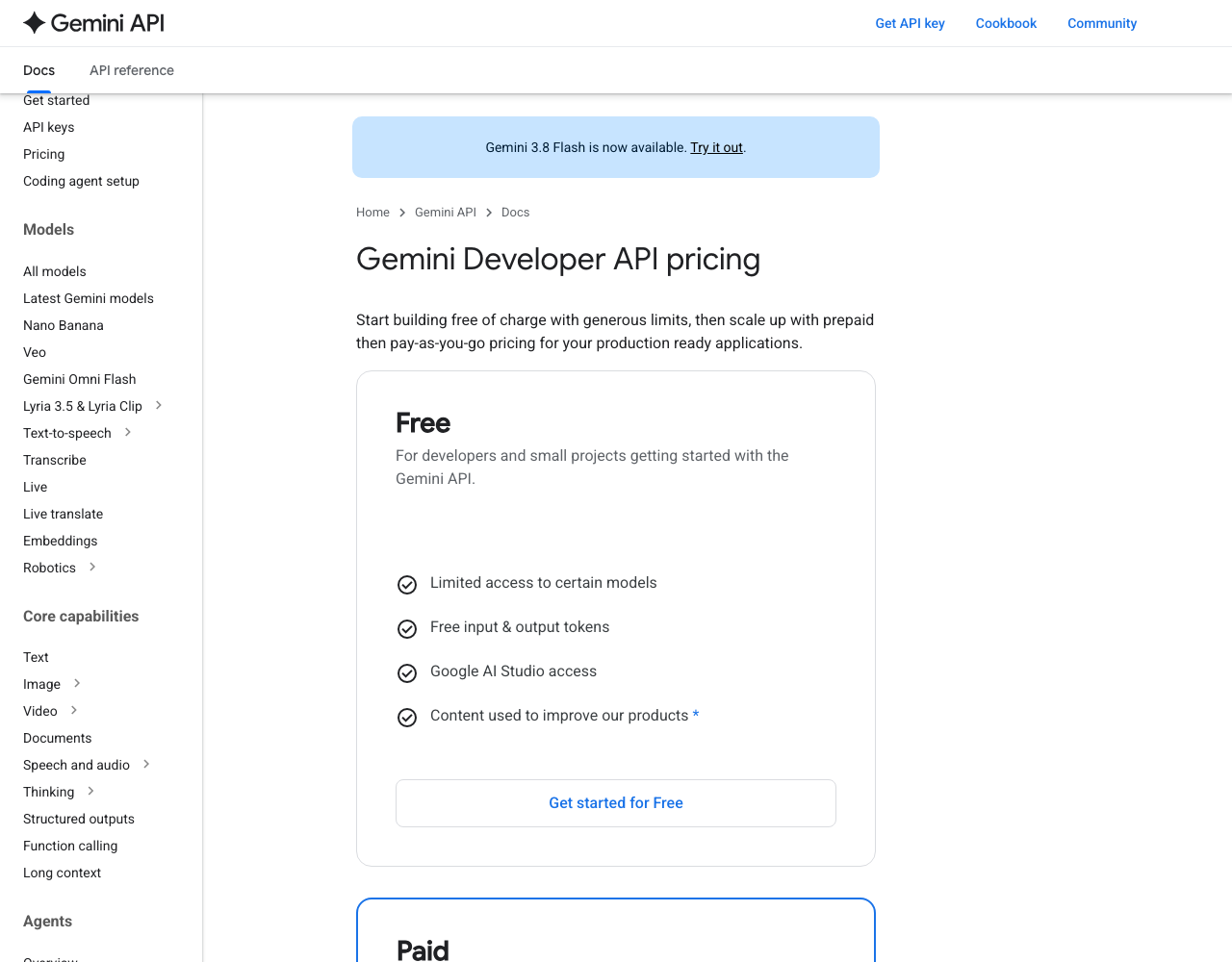 Google Gemini API pricing page, captured for reference