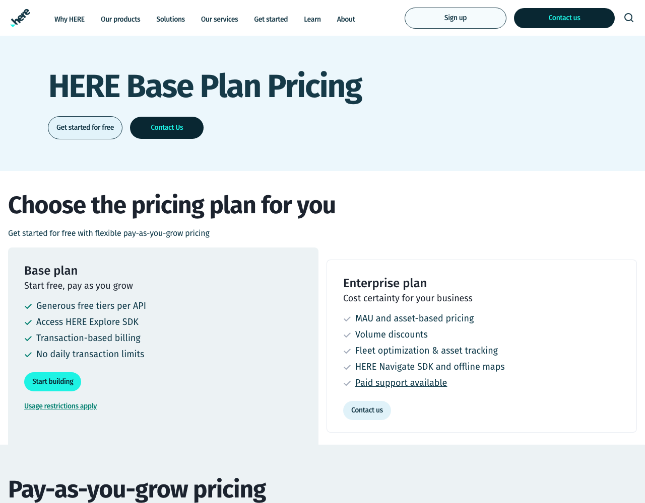 HERE pricing page, captured for reference