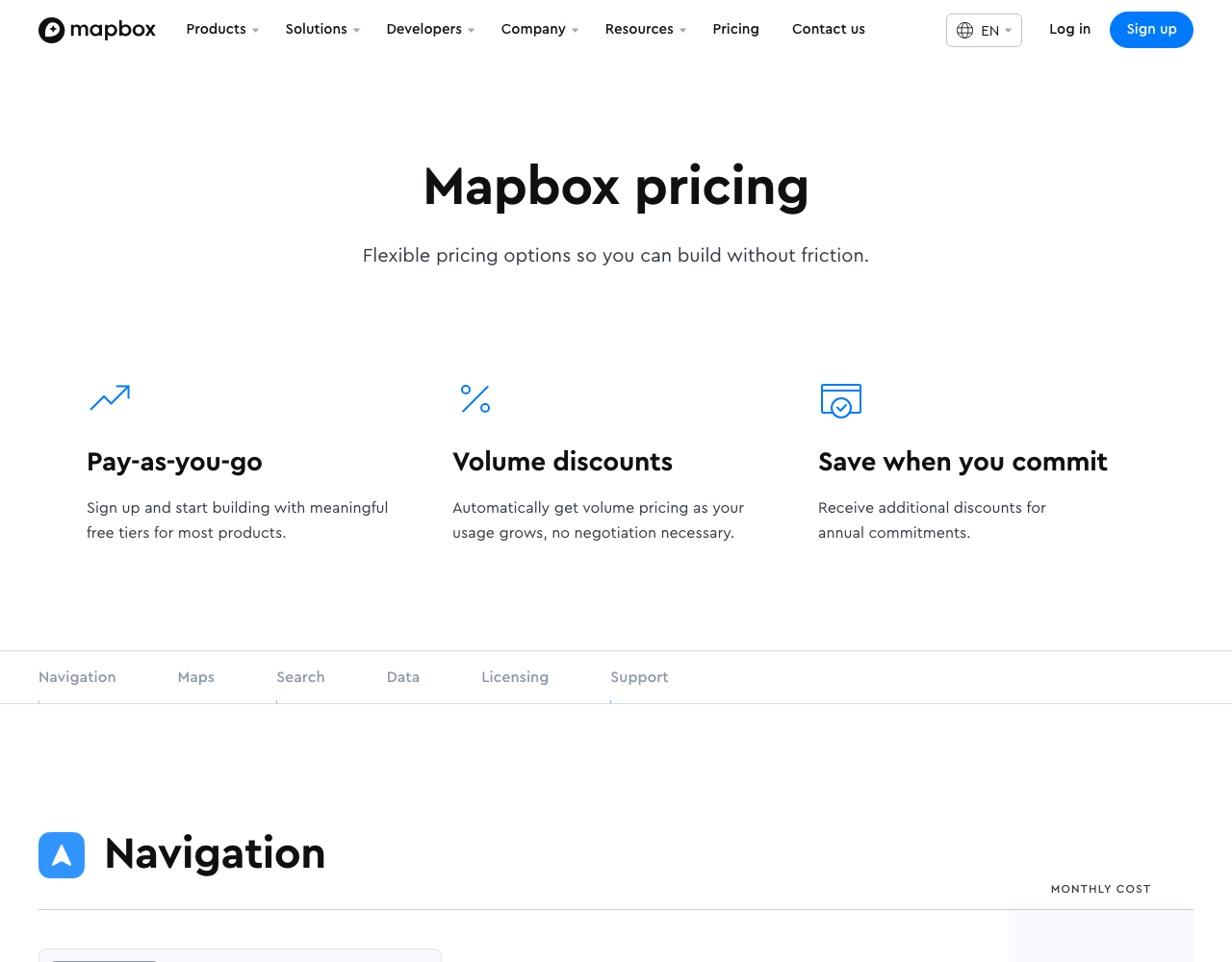 Mapbox pricing page, captured for reference