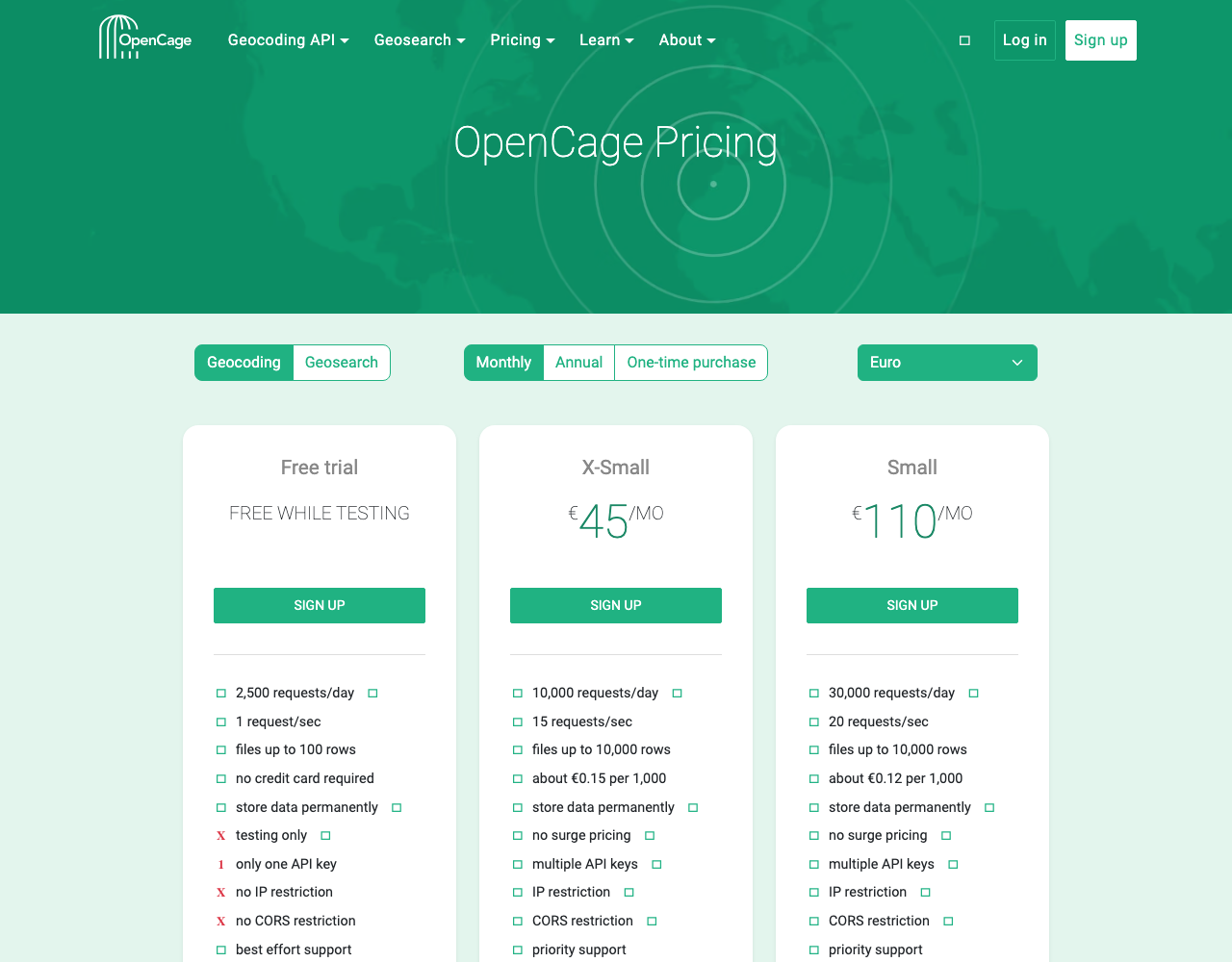 OpenCage pricing page, captured for reference