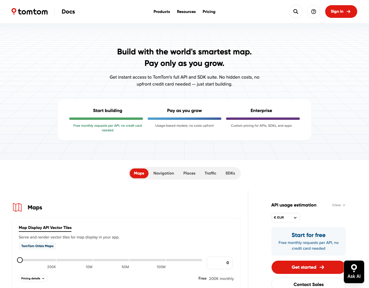 TomTom pricing page, captured for reference