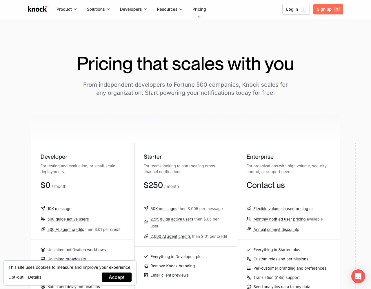 Knock pricing page, captured for reference