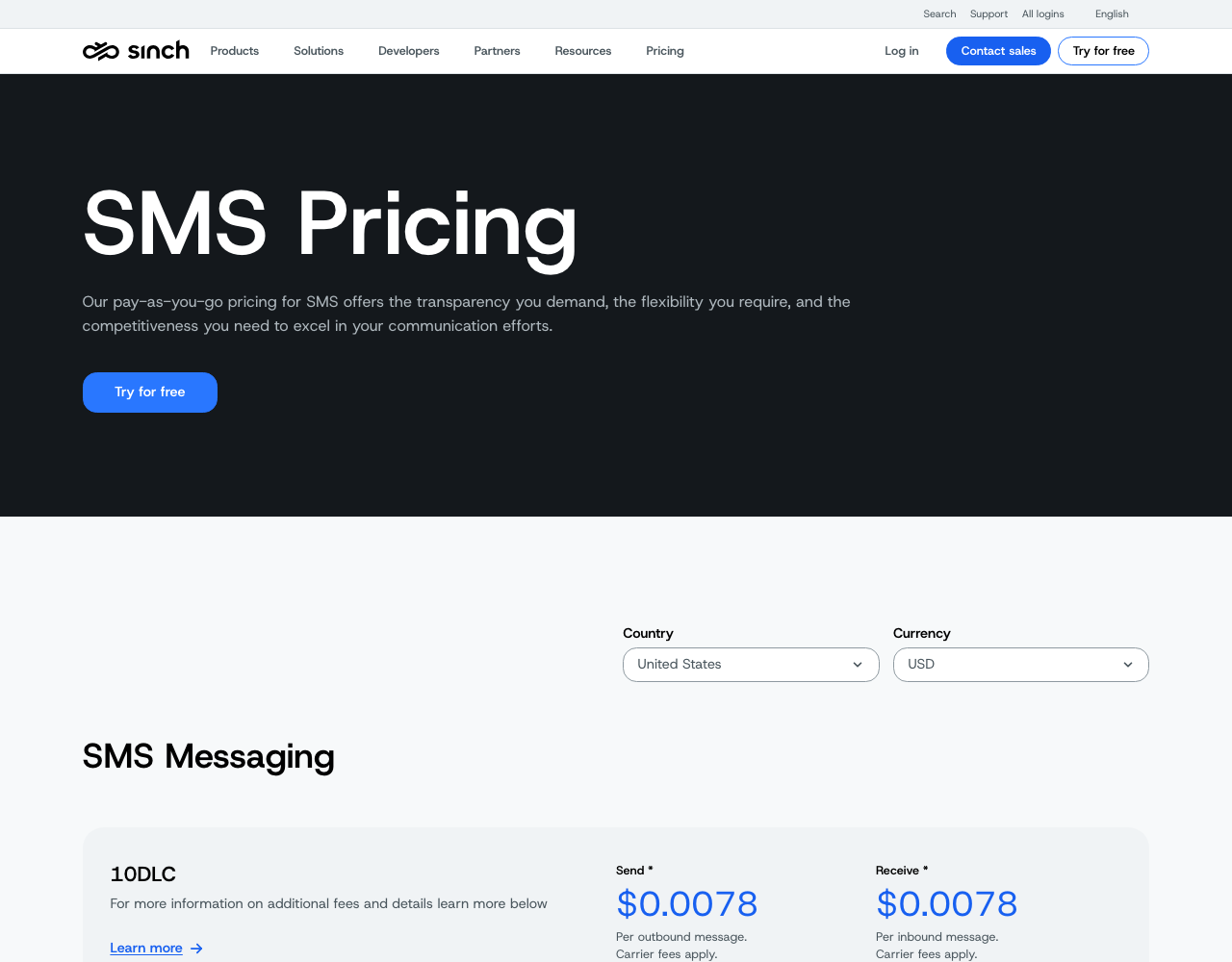 Sinch pricing page, captured for reference