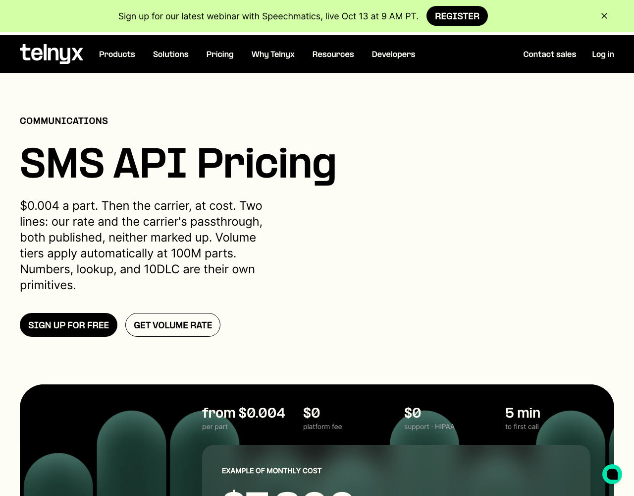 Telnyx pricing page, captured for reference