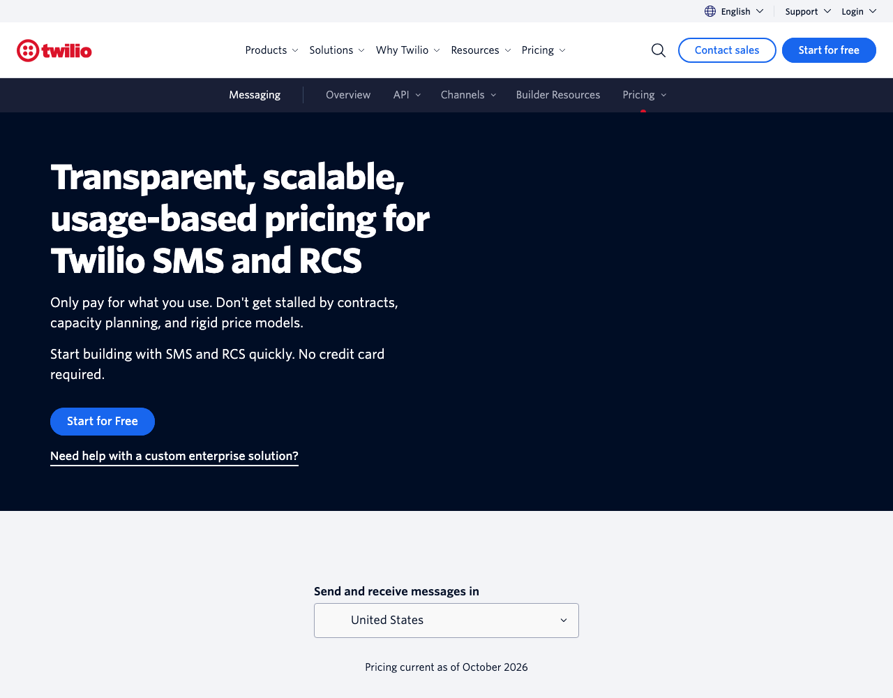 Twilio pricing page, captured for reference