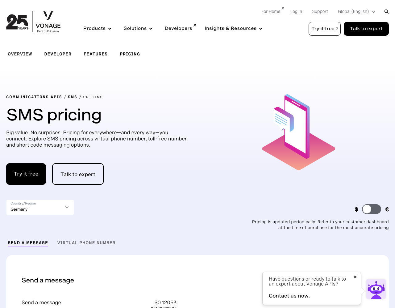 Vonage pricing page, captured for reference