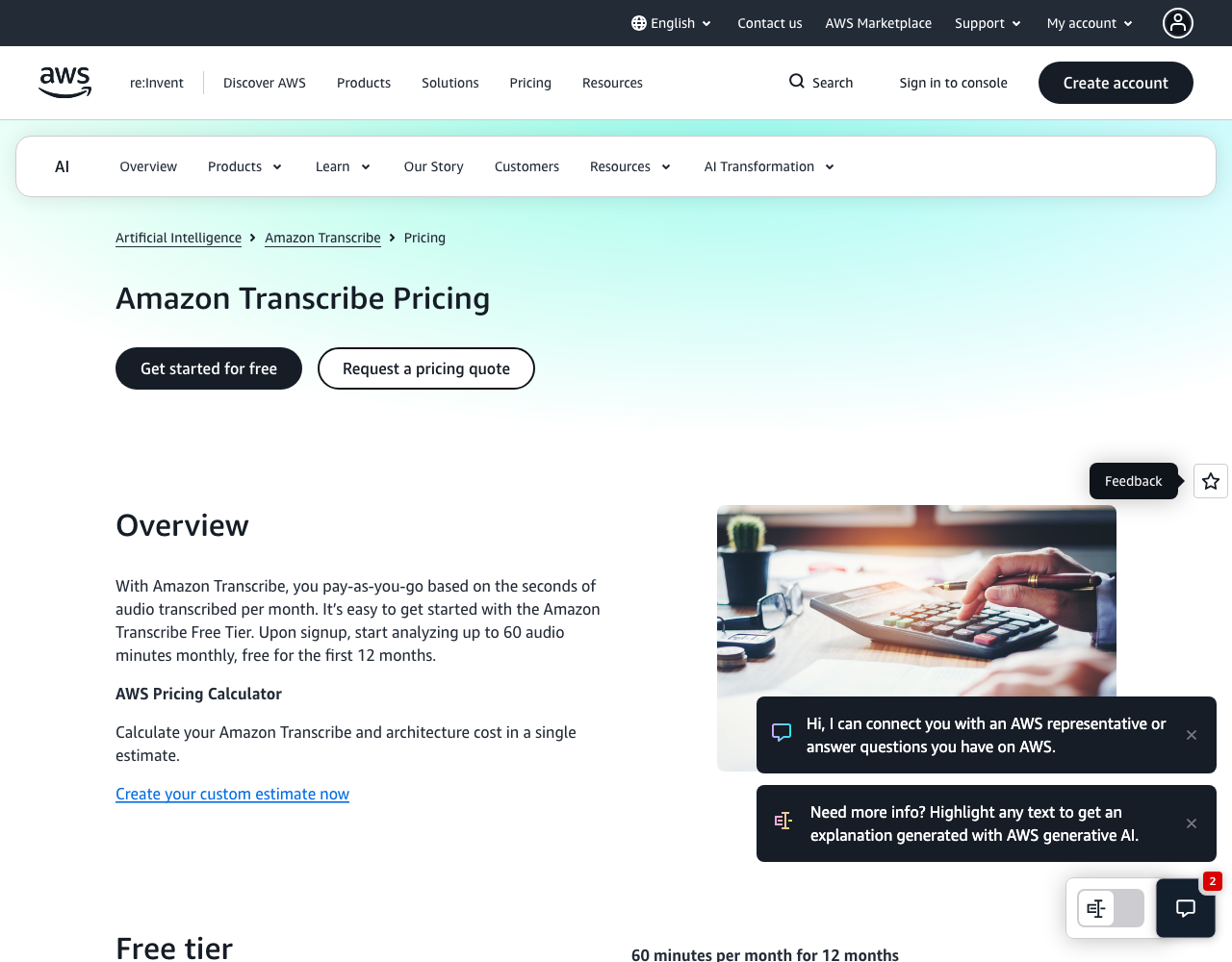 Amazon Transcribe pricing page, captured for reference