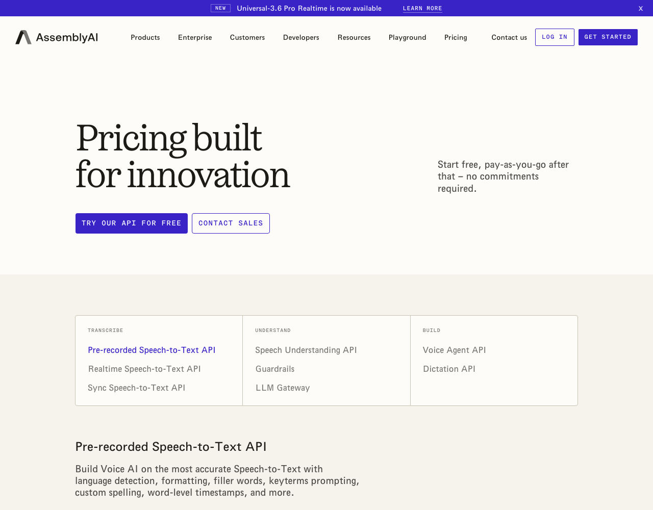 AssemblyAI pricing page, captured for reference