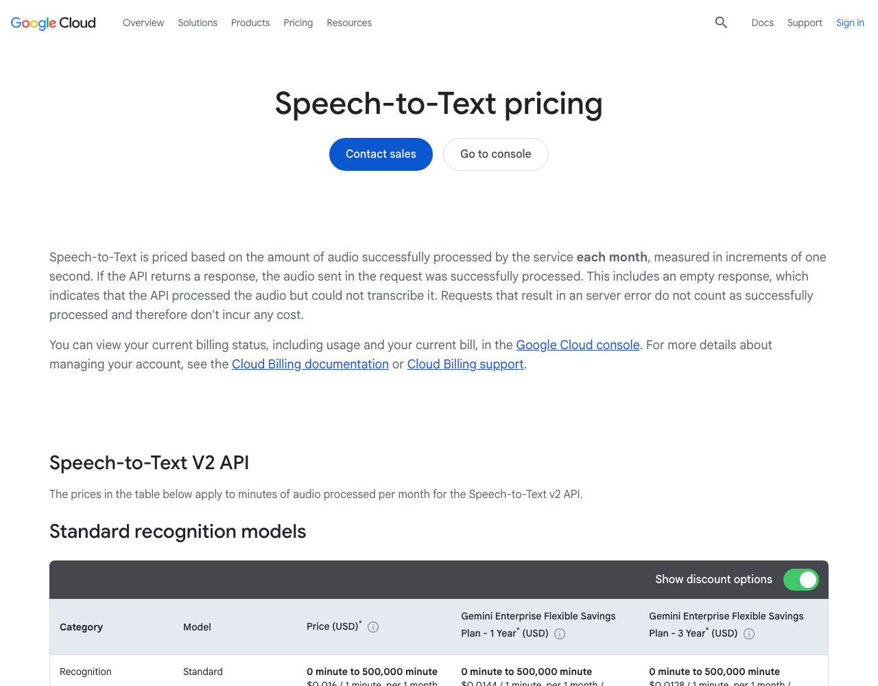 Google Cloud Speech-to-Text pricing page, captured for reference