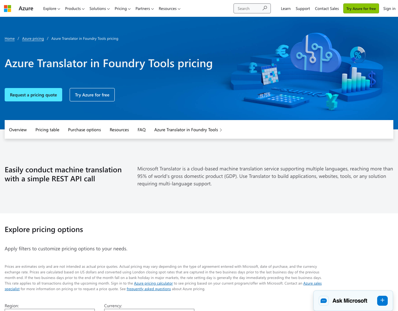 Azure AI Translator pricing page, captured for reference