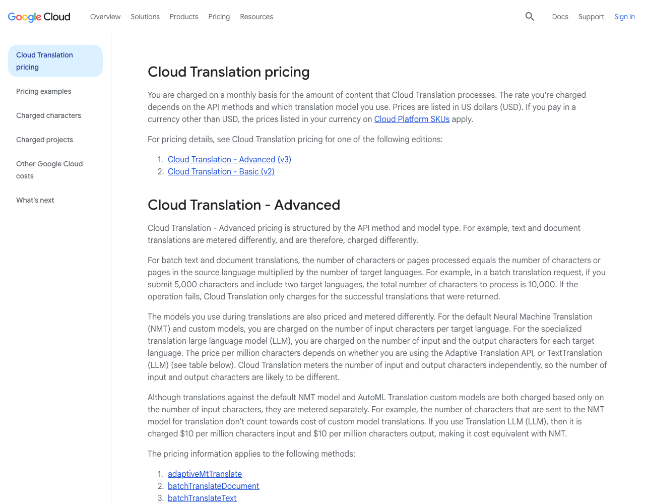 Google Cloud Translation API pricing page, captured for reference