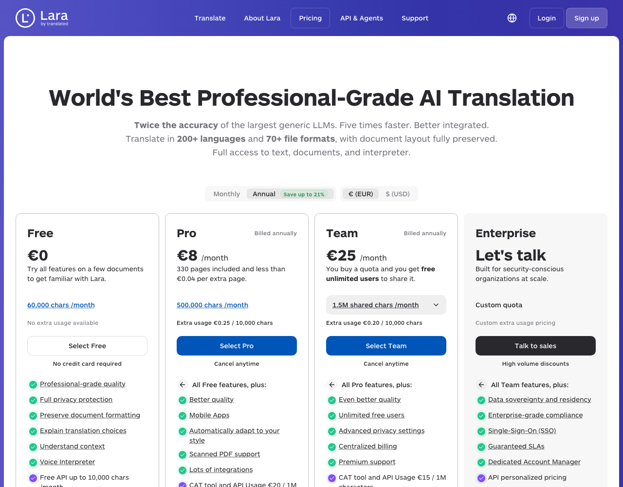 Lara Translate pricing page, captured for reference