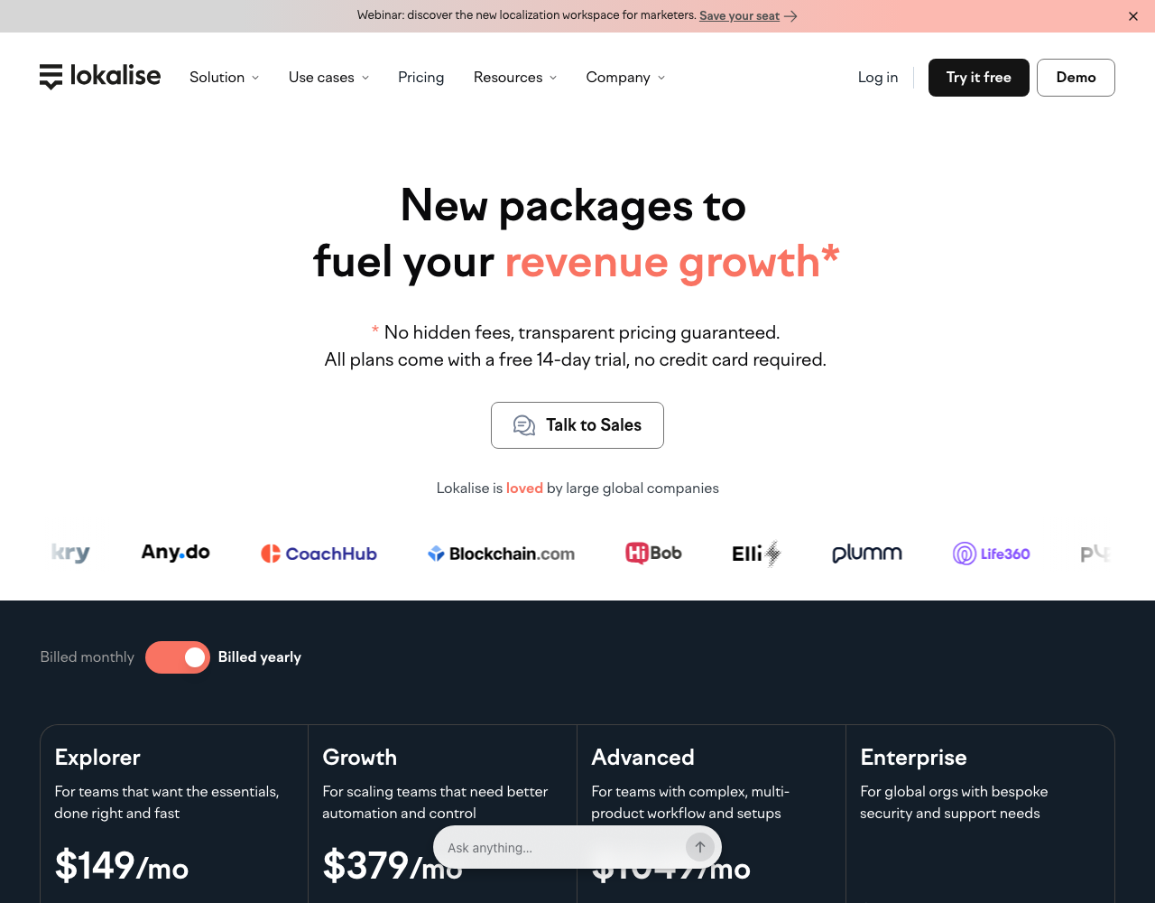 Lokalise pricing page, captured for reference