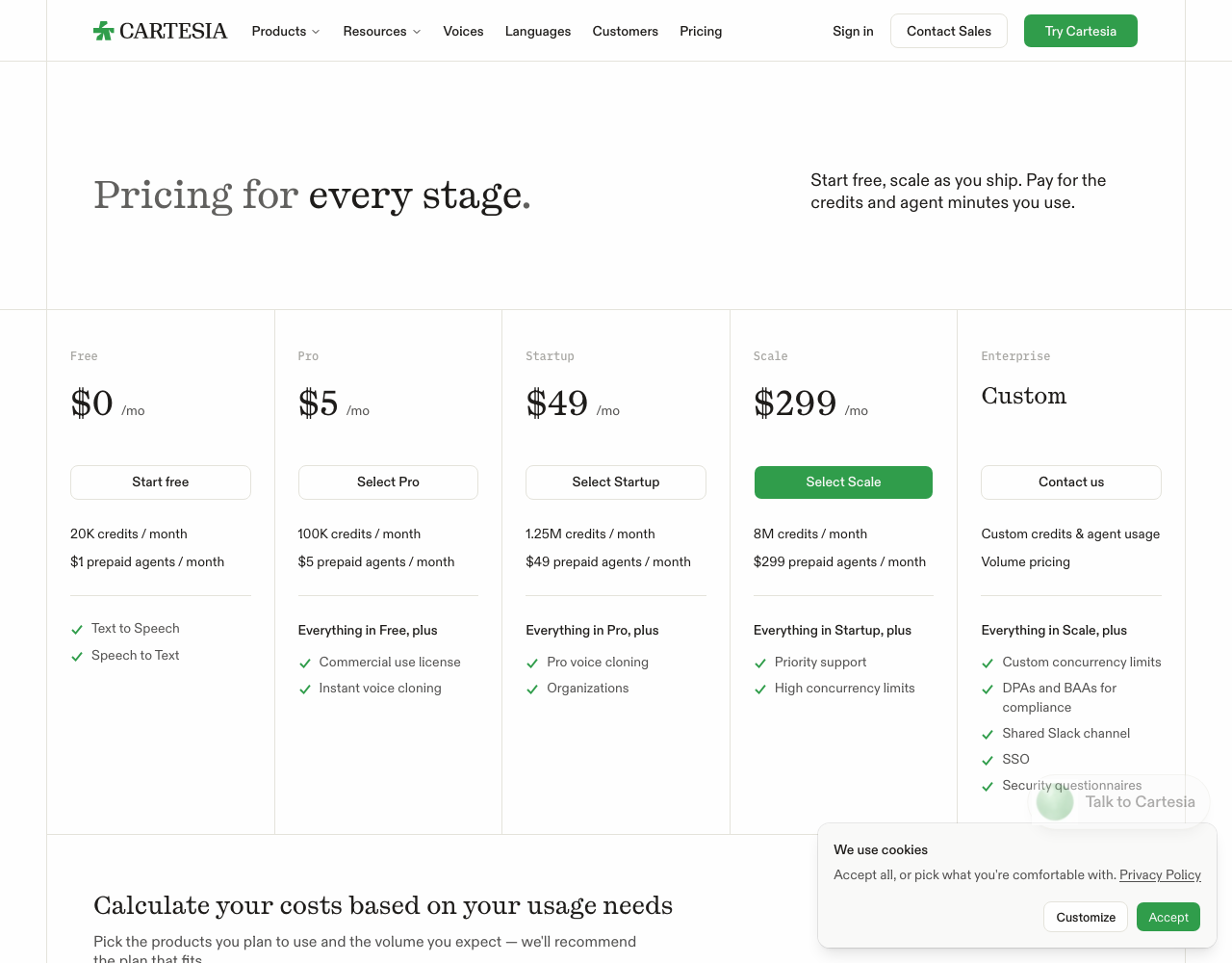 Cartesia pricing page, captured for reference