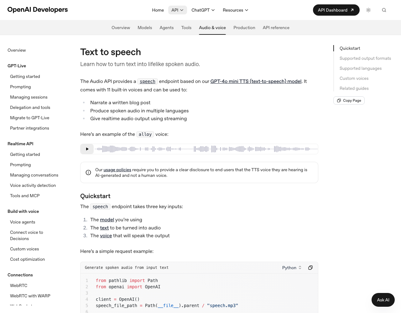 OpenAI TTS pricing page, captured for reference
