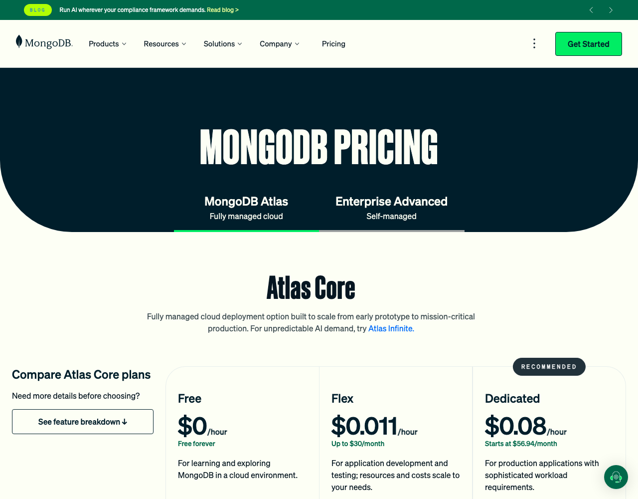 MongoDB Atlas Vector Search pricing page, captured for reference