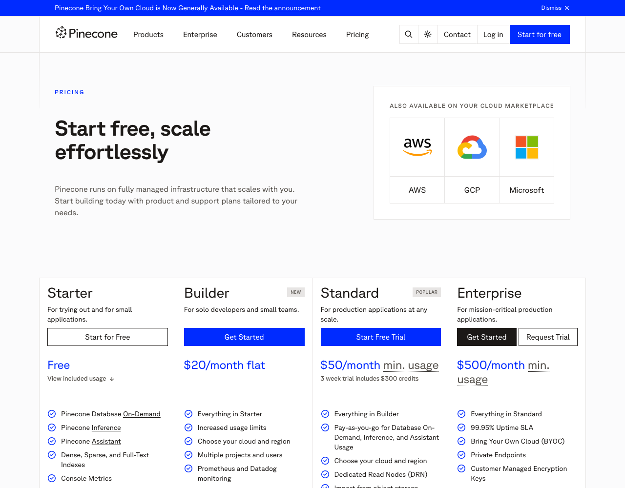 Pinecone pricing page, captured for reference