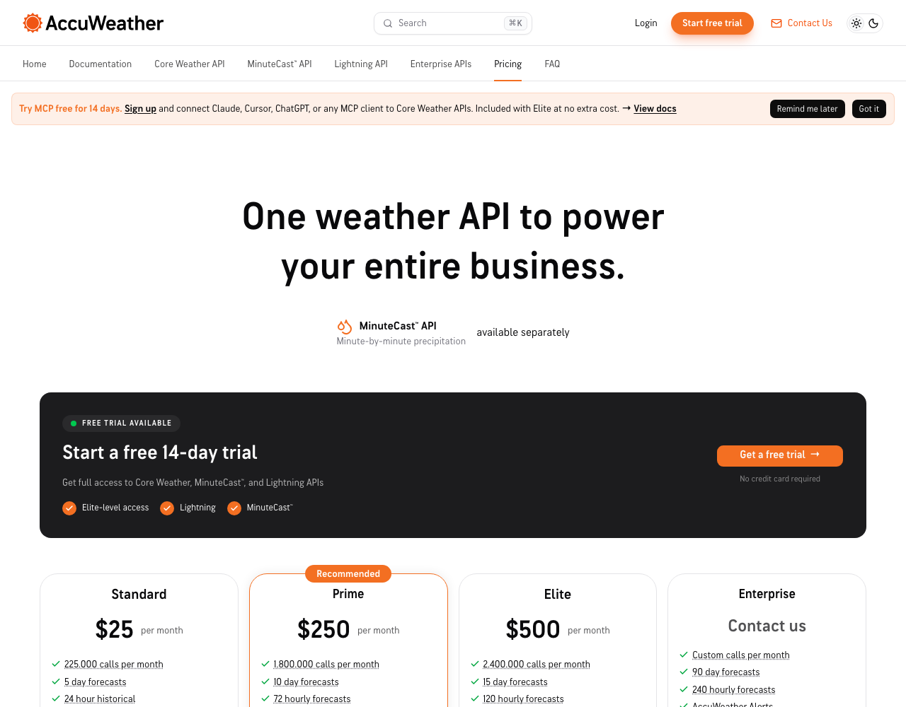 AccuWeather pricing page, captured for reference
