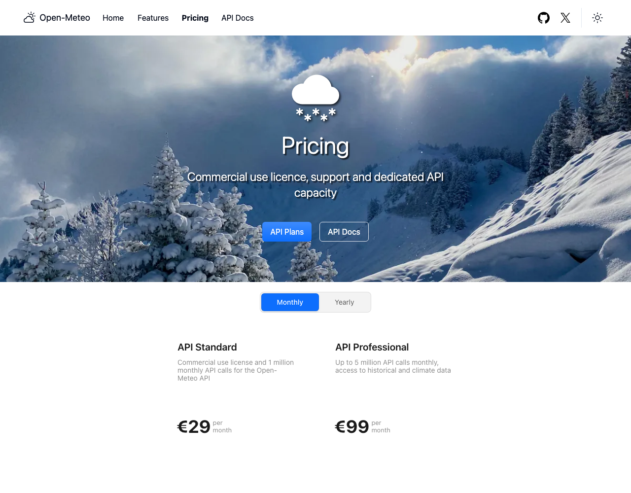 Open-Meteo pricing page, captured for reference