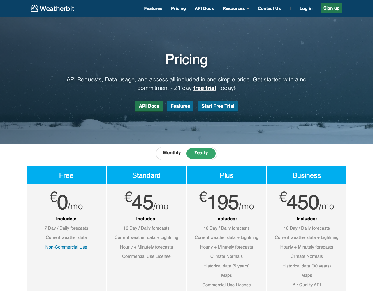 Weatherbit pricing page, captured for reference